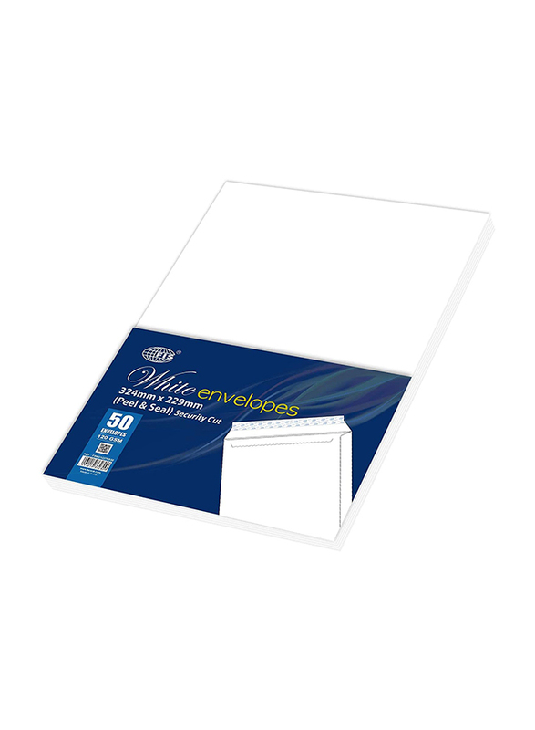 FIS Peel & Seal Envelope, 120GSM, 324 x 229mm, 50 Pieces, FSWE1227PS50, White