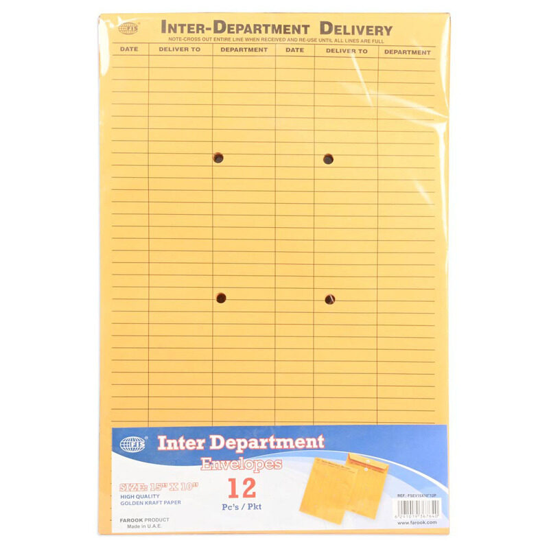 

FIS Interdepartmental Delivery Envelopes, Size 15"x10" Inches, 120gsm, String Tie Closure, with ample Blank Log Form Templates, Re-Useable, Pack of 12