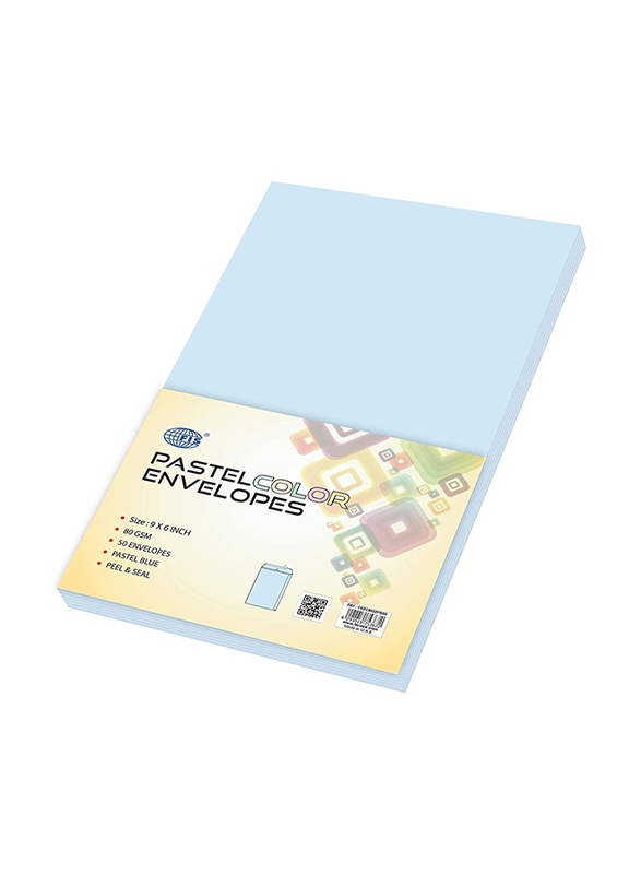 FIS Colour Peel & Seal Envelopes, 50-Piece, 80 GSM, 9 x 6-Inch, Pastel Blue