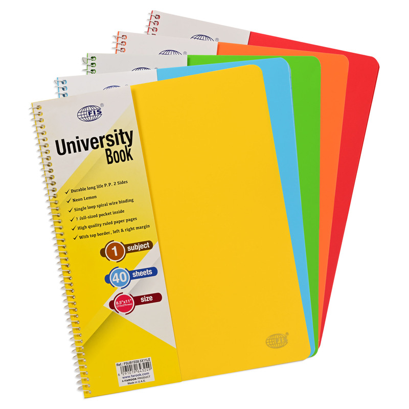 FIS Deluxe University Book, Spiral PP Neon Soft Cover, 1 Subject, (215x279mm) Size, 40 Sheets, Set of 5 Pieces, Assorted Color - FSUB1SS8.5X11AST