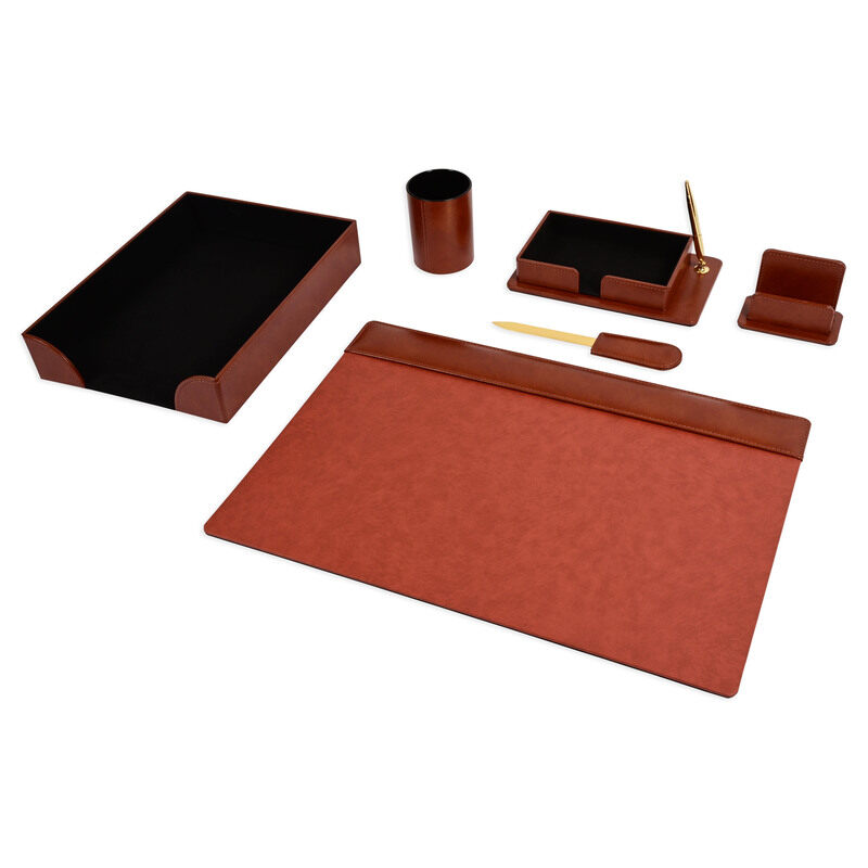 

FIS Executive Desk Set, Bonded Leather Material, Set of 6 Pieces Desk Set, Brown Color-FSDSEXBL181BR