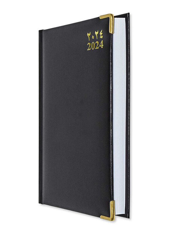 FIS 2024 Arabic/English Vinyl 1 Side Padded Gold Corenrs Diary, 384 Sheets, 60 GSM, A5 Size, FSDI22AE24BK, Black