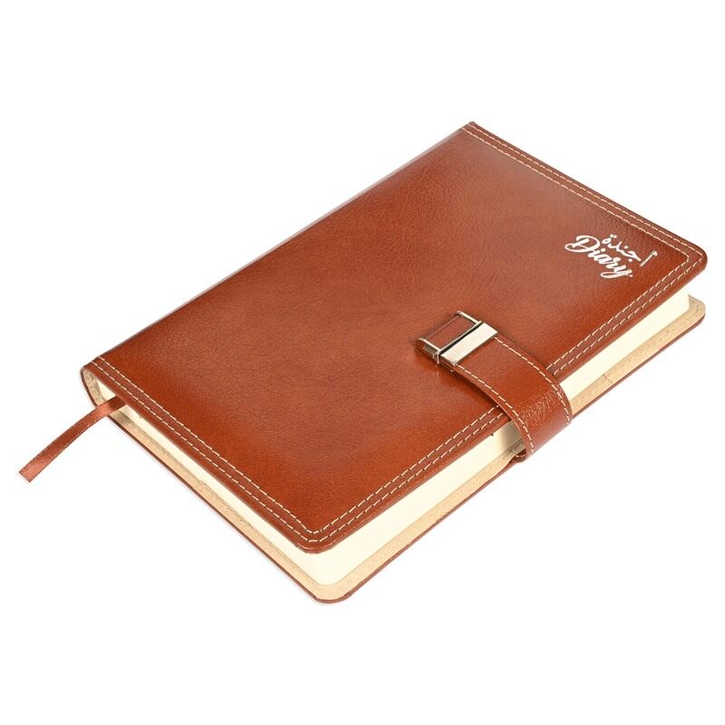 

FIS2025 A5 Diary, Bonded Leather Materials,2 Side Padded Sewn Jacket,Round Corners,Size A5(148x210mm),Arabic/English,70gsm Italian Ivory Paper,Brown C