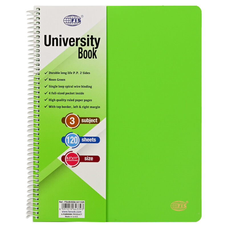 

FIS Deluxe University Book, Spiral PP Neon Soft Cover, 3 Subject, (215x279mm) Size, 120 Sheets, Green Color-FSUB3SS8.5X11GR