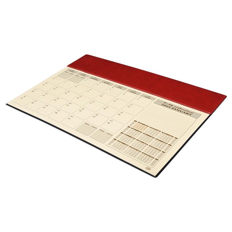 

FIS 2025 Year Planner with PVC Desk Blotter and Italian PU Flap Materials, 12 Sheets, 1 Moth Per Sheet, Size 490x340mm, English/Arabic, Ivory Paper, M