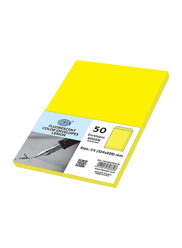 FIS Colour Peel & Seal Envelopes, 50-Piece, 80 GSM, C4 (324 x 229mm), Neon Lemon