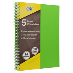 FIS University Book, Double Loop Spiral Hard Cover, Single Ruled with Border, 5 Subjects, A4 Size (210x297mm), 200 Sheets, Parrot Color- FSUB5S230