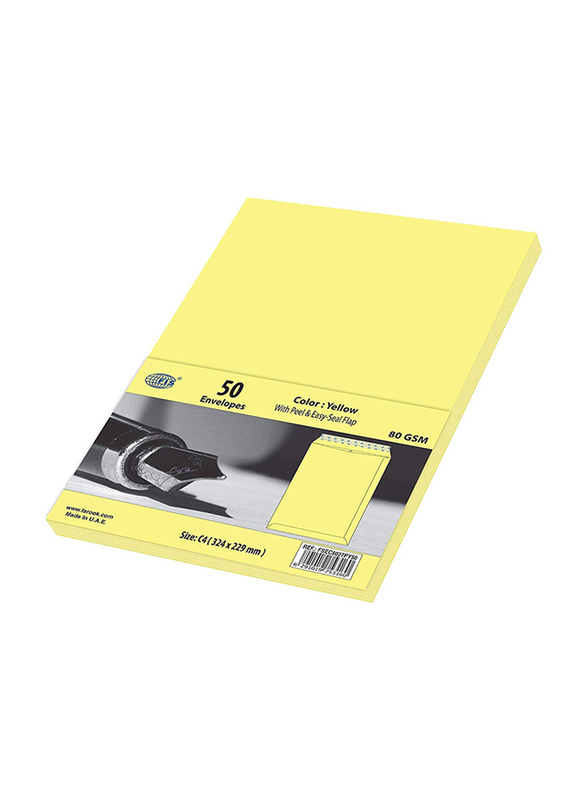 FIS Colour Peel & Seal Envelopes, 50-Piece, 80 GSM, C4 (324 x 229mm), Pastel Yellow