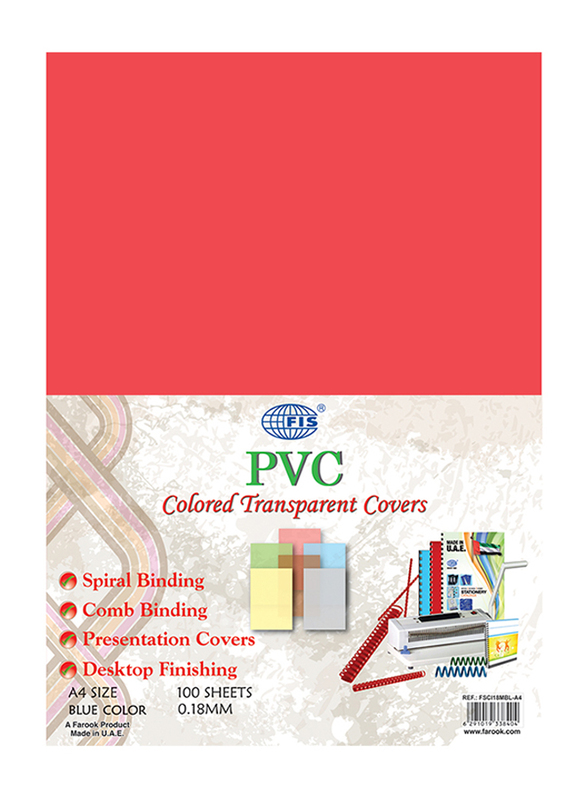 FIS PVC 180 Micron Coloured Transparent Covers for Binding, 100 Pieces, FSCI18MRE-A4, Red