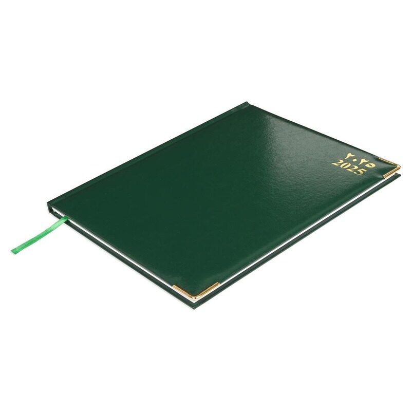 

FIS 2025 Executive Diary, Vinyl Materials, 1 Side Padded Cover, Golden Corners, Size 210x260mm, English/French/Arabic, 70gsm White Paper, Green Color-