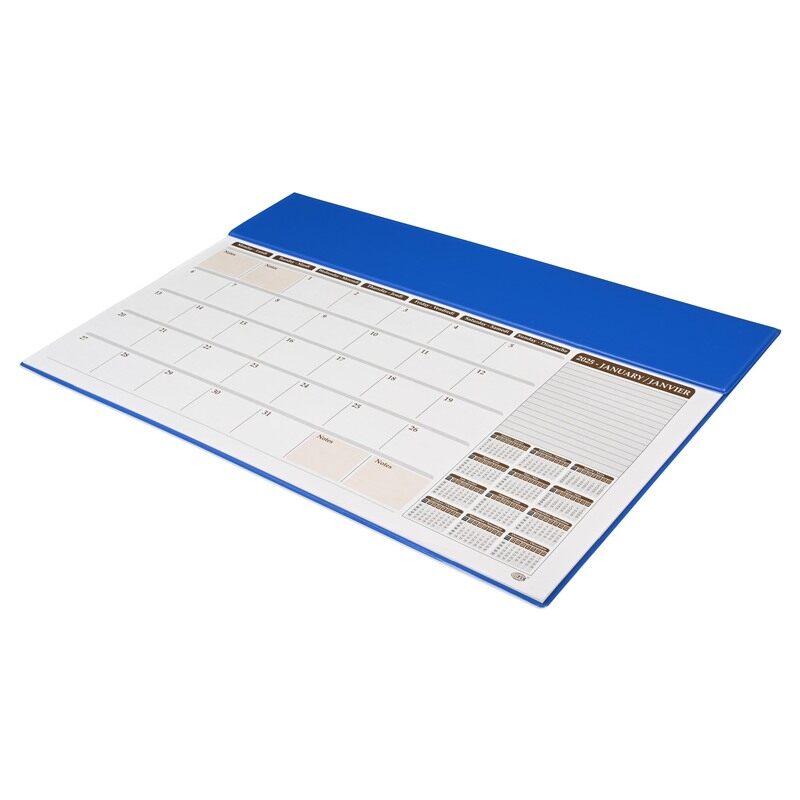 

FIS 2025 Year Planner with PVC Desk Blotter Materials, 12 Sheets, 1 Month Per Sheet, Size 490x340mm, English/French, White Paper, Blue Color-FSDK2EF25