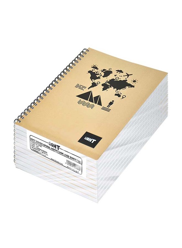 Light 10-Piece Spiral Soft Cover Notebook, Single Line, 100 Sheets, A4 Size, LINBA41805S, Beige