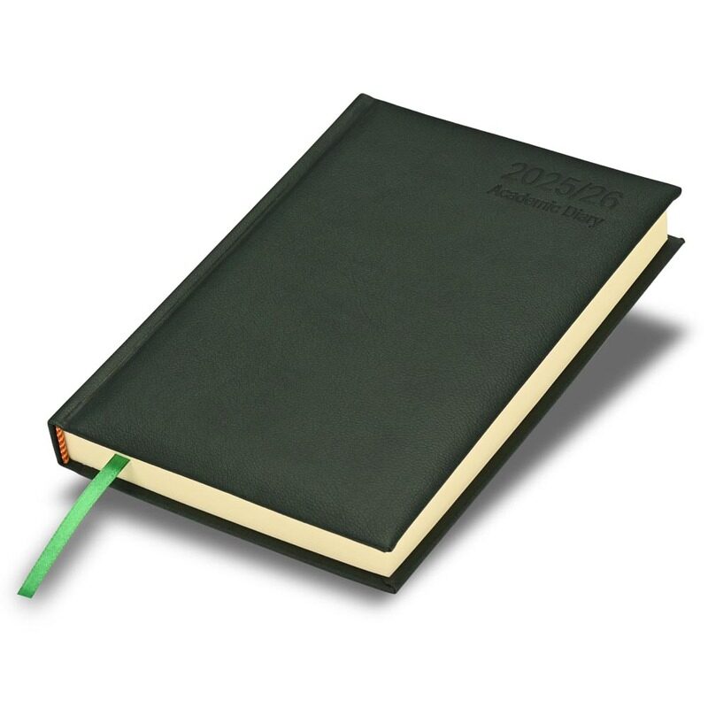 

FIS 2025-2026 ACADEMIC DIARY, A5 Size(148x210mm) with Italian PU Cover Materials, 1 Side Padded Cover, English, 70gsm Italian Ivory Paper, Green Color