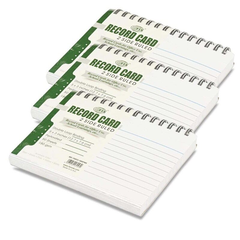 

FIS Ruled Record Cards, Size:5"x3" Inches (127x76mm), Double Loop Spiral Binding, Two Sides Single Ruled, 180gsm, Perforated, 50 Sheets Per Pad, Packe