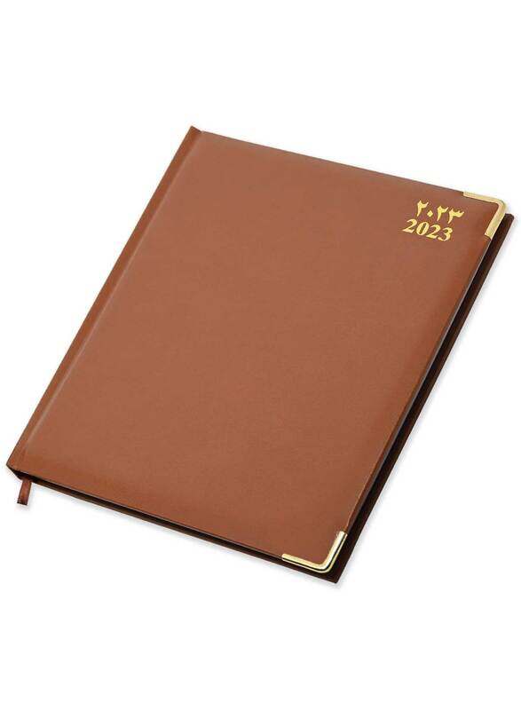 

FIS 2023 Arabic/English/French Executive Diary with Vinyl 1-Side Padded Gold Corner, 128 Sheets, 70 GSM, FSDI89AEFVG23BR, Brown