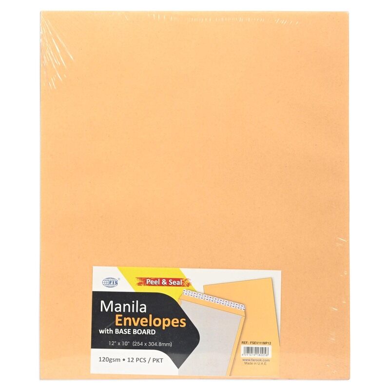 

FIS Manila Envelope with Baseboard, Size 12"x10" Inches, 120gsm Manila Paper, Easy Closure Peel and Seal, Pack of 12 Pieces, Brown Color-FSEV111MP12