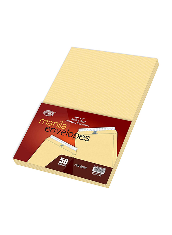 FIS Manila Envelopes Recycled Peel & Seal, 10 x 7 Inch, 50 Pieces, Ribbed