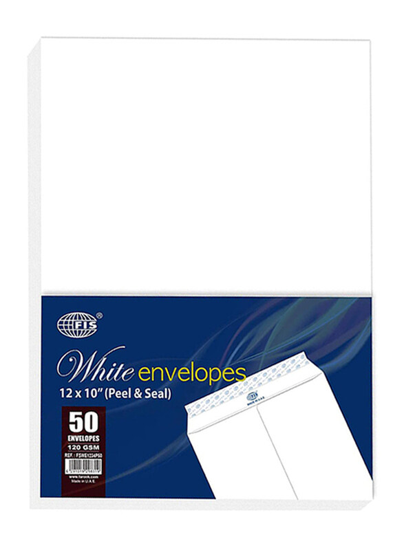 

FIS Peel & Seal Envelope, 120GSM, 12 x 10inch, 50 Pieces, FSWE1234P50, White