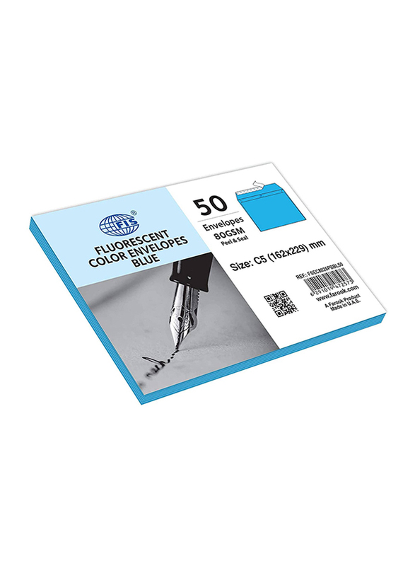 FIS Colour Peel & Seal Envelopes, 50-Piece, 80 GSM, C5 (162 x 229mm), Bright Blue