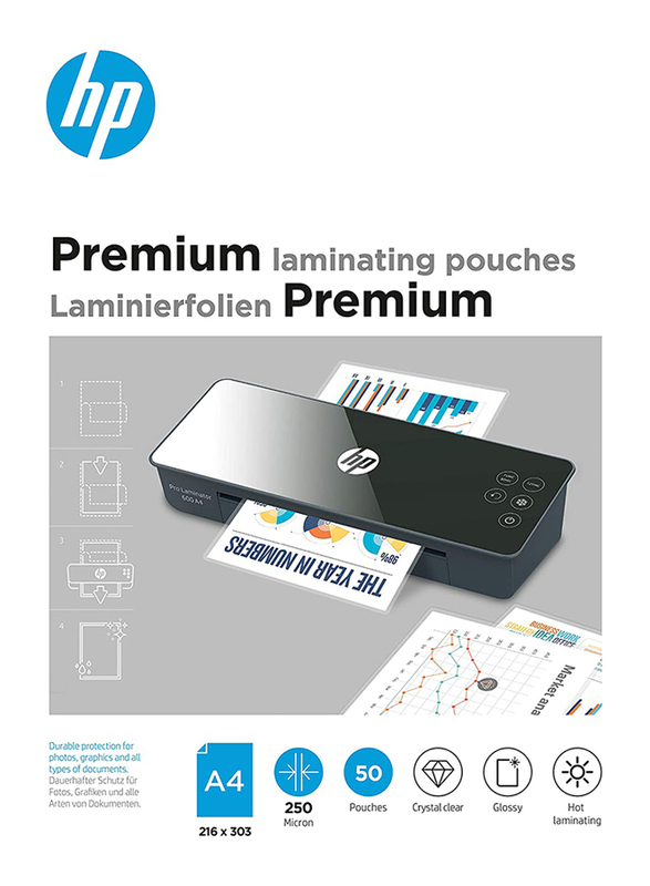 HP Premium Laminating Pouch, A4 Size, 250 Micron, 50 Pieces, OLLM9125, Clear