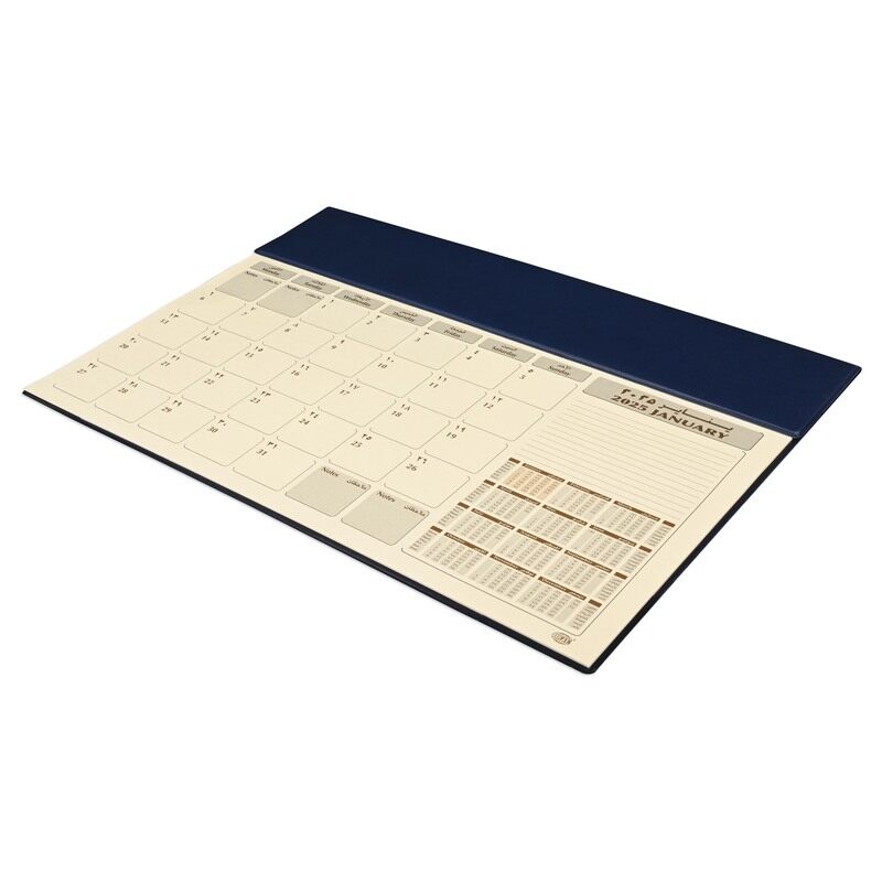 

FIS 2025 Year Planner with PVC Desk Blotter and Italian PU Flap Materials, 12 Sheets, 1 Moth Per Sheet, Size 490x340mm, English/Arabic, Ivory Paper, B