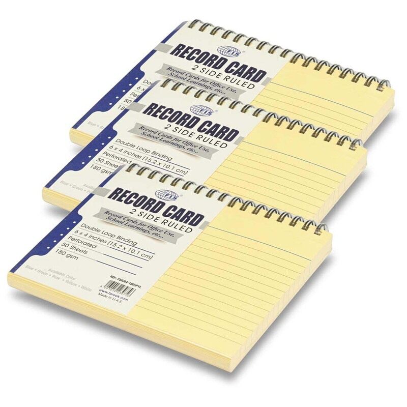 

FIS Ruled Record Cards, Size:6"x4" Inches (152x102mm), Double Loop Spiral Binding, Two Sides Single Ruled, 180gsm, Perforated, 50 Sheets Per Pad, Pack