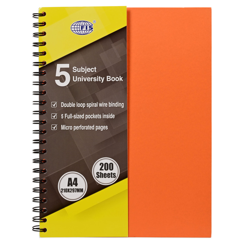 FIS University Book, Double Loop Spiral Hard Cover, Single Ruled with Border, 5 Subjects, A4 Size (210x297mm), 200 Sheets, Saffron Color- FSUB5S240