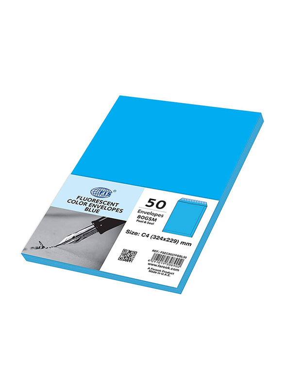 FIS Colour Peel & Seal Envelopes, 50-Piece, 80 GSM, C4 (324 x 229mm), Neon Blue