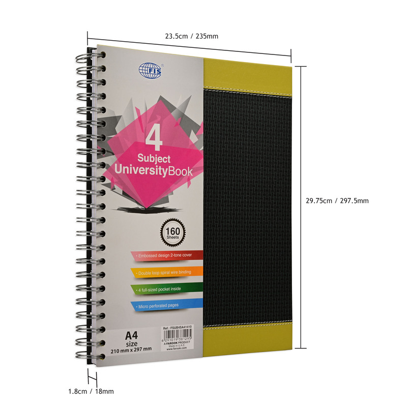 FIS University Book, Double Loop Spiral Hard Cover, 4 Subjects, A4 Size (210 x 297mm), 160 Sheets- FSUB4SA41410