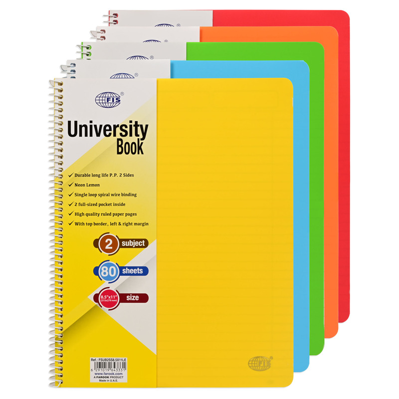 FIS Deluxe University Book, Spiral PP Neon Soft Cover, 2 Subjects, (215x279mm) Size, 80 Sheets, Set of 5 Pieces, Assorted Color  FSUB2SS8.5X11AST