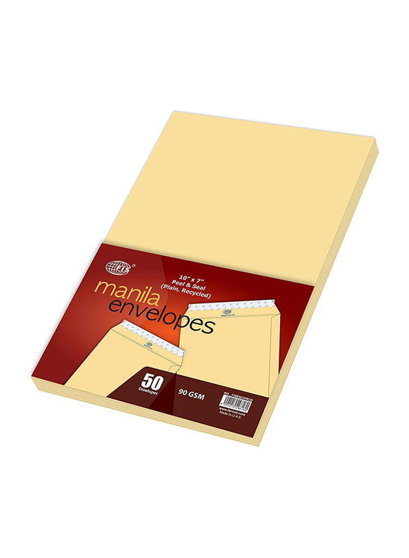 FIS Manila Envelopes Recycled Peel & Seal, 10 x 7 Inch, 90GSM, 50 Pieces, Plain
