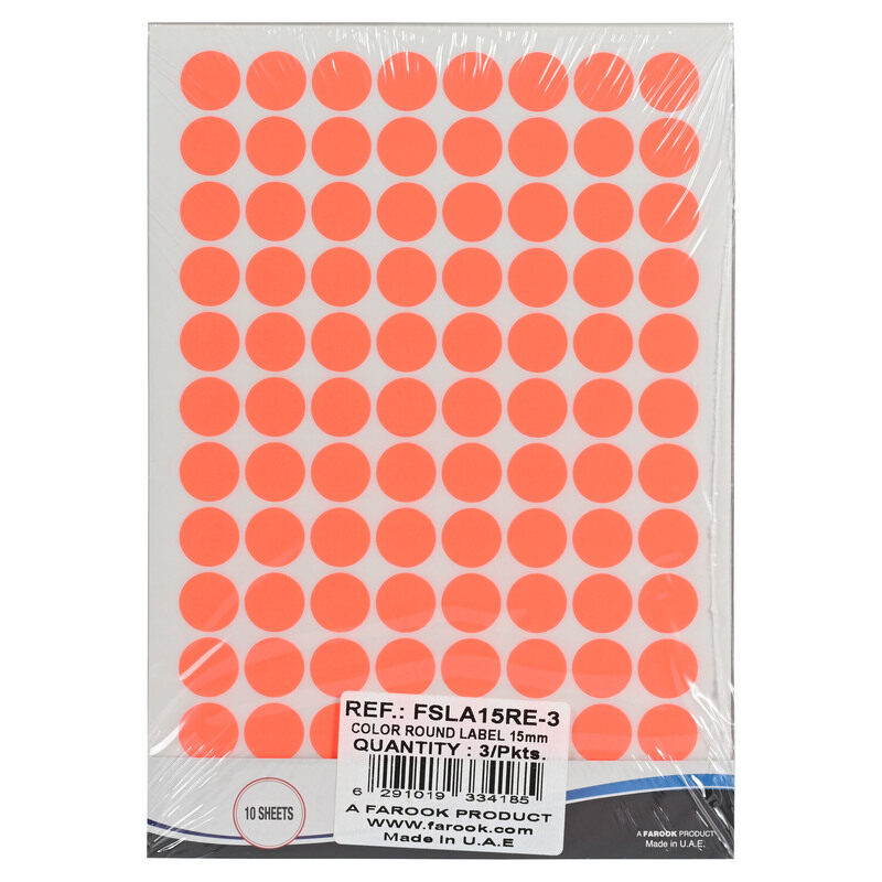 

FIS Color Round Label, 15mm Sticker Size, A5(148x210mm) Sheet Size, 96 Labels, 10 Sheets Per Pack, Pack of 3, Color Fluorescent Red - FSLA15RE-3