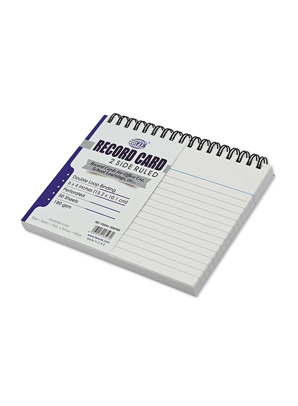 FIS Ruled Double Loop Spiral Binding Record Card, 6 x 4 Inch, 50 Sheets, 180 Gsm, FSIC64-180SPWH, White