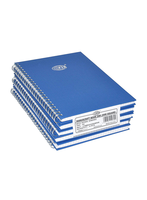 FIS Manuscript Book Set, 5mm Square, 2 Quire, 5 x 96 Sheets, A5 Size, FSMNA52Q5MSB, Blue