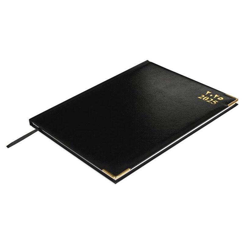 

FIS 2025 Executive Diary, Vinyl Materials, 1 Side Padded Cover, Golden Corners, Size 210x260mm, English/French/Arabic, 70gsm White Paper, Black Color-