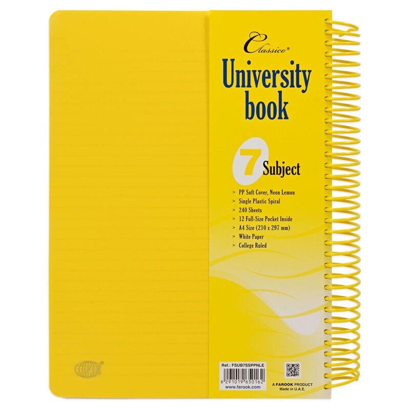 

FIS Classico University Book, Plastic Spiral PP Neon Soft Cover, 7 Subjects, A4 Size (210x297mm), 240 Sheets, Lemon Color-FSUB7SSPPNLE