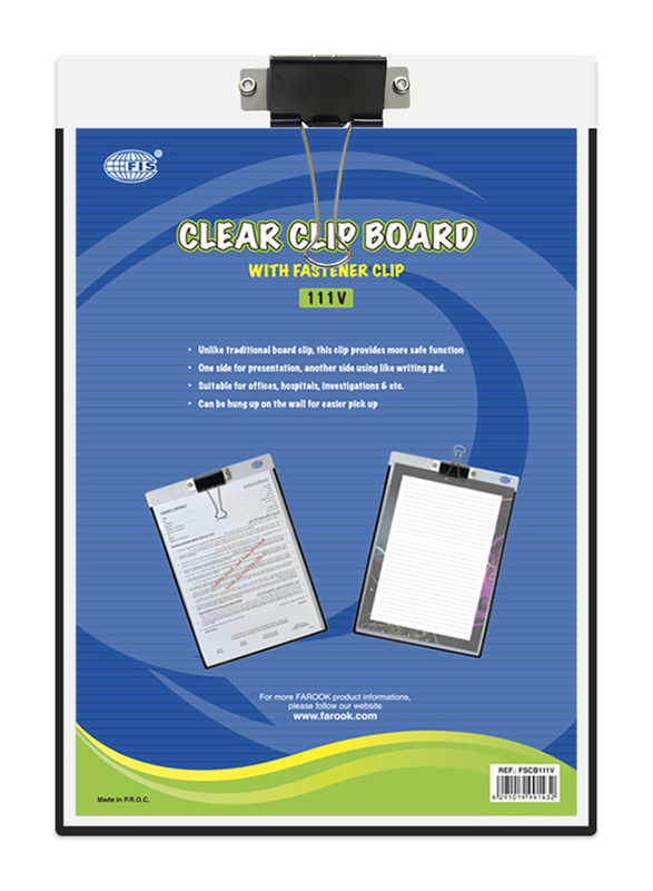 FIS Clear Clip Board with Fastener Clip, A4 Size, FSCB111V, White