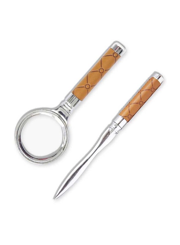 FIS Magnifier and Letter Opener Set, Body Metal & Italian Pu Cover, FSMGLOSETBRD2, Silver/Brown