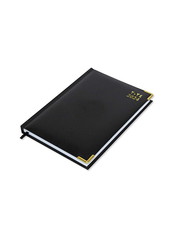 FIS 2024 Arabic/English Vinyl 1 Side Padded Gold Corenrs Diary, 384 Sheets, 60 GSM, A5 Size, FSDI22AE24BK, Black