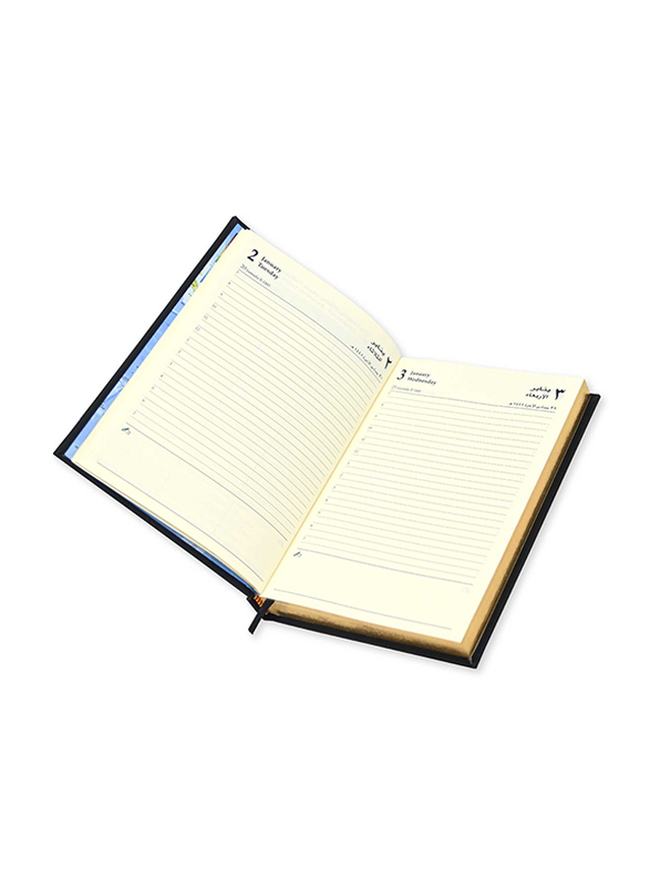 FIS 2024 Arabic/English Italian PU 1-Side Padded Golden Diary, 384 Sheets, 70 GSM, A5 Size, FSDI20AEG24BK, Black