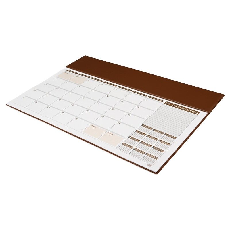 

FIS 2025 Year Planner with PVC Desk Blotter Materials, 12 Sheets, 1 Month Per Sheet, Size 490x340mm, English/French, White Paper, Brown Color-FSDK2EF2