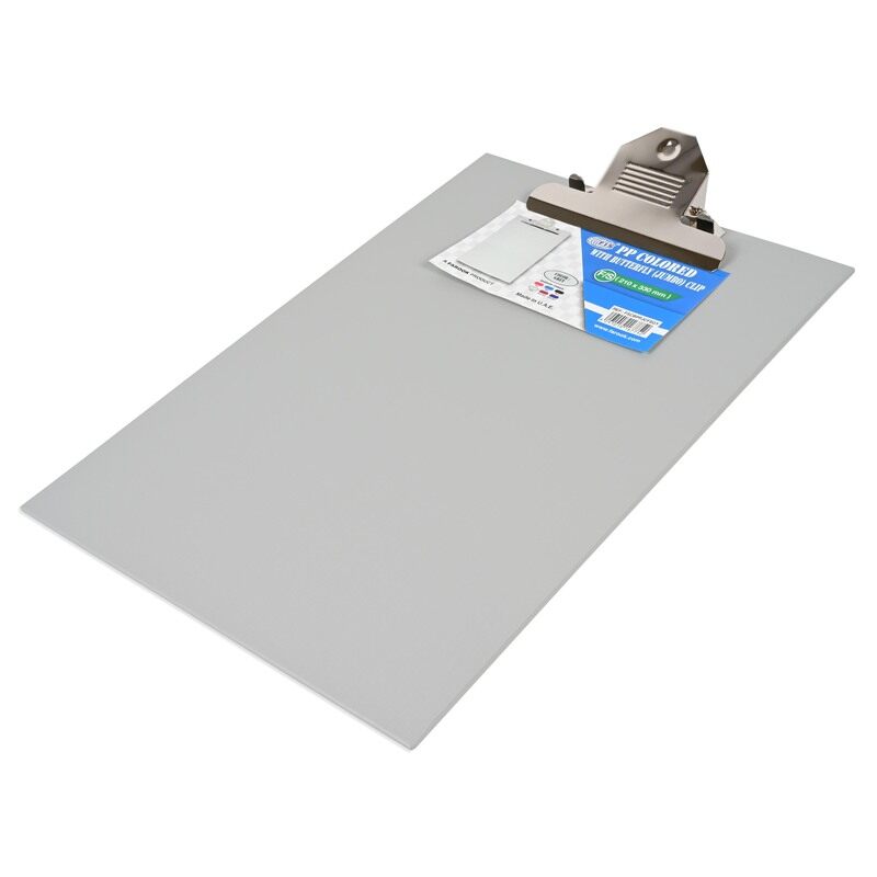 

FIS PP Colored Clipboard with Butterfly Jumbo Clip, Foolscap Size(210x330mm), Grey Color-FSCBPPJCFSGY