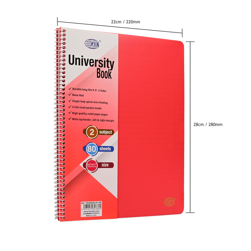 FIS Deluxe University Book, Spiral PP Neon Soft Cover, 2 Subjects, (215x279mm) Size, 80 Sheets - FSUB2SS8.5X11