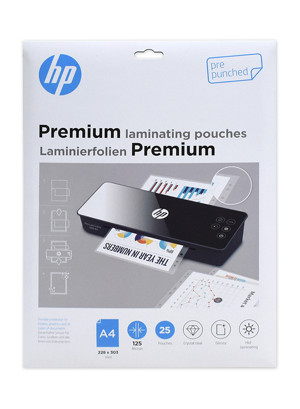 HP Premium Laminating Pouch, A4 Size, 125 Micron Glossy, 25 Pieces, OLLM9122, Clear