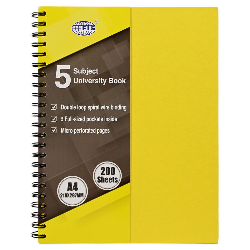 

FIS University Book, Double Loop Spiral Hard Cover, Single Ruled with Border, 5 Subjects, A4 Size (210x297mm), 200 Sheets, Lemon Color-FSUB5S210