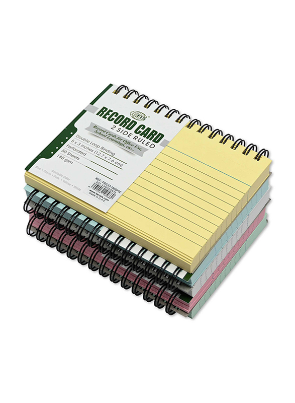 FIS Ruled Double Loop Spiral Binding Record Card, 5 x 3 Inch, 50 Sheets, 180 Gsm, FSIC53-180SP5C, Assorted