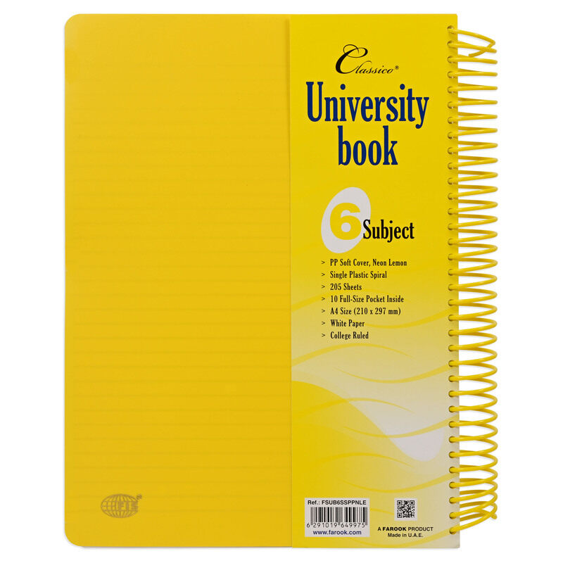 

FIS Classico University Book, Plastic Spiral PP Neon Soft Cover, 6 Subjects, A4 Size (210x297mm), 205 Sheets, Lemon Color- FSUB6SSPPNLE