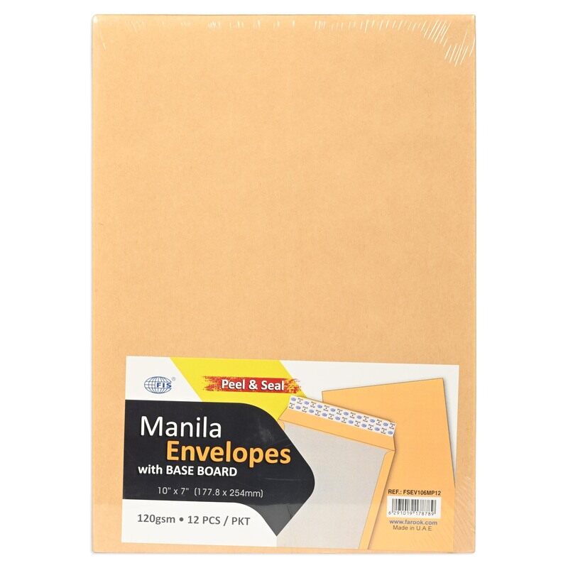 

FIS Manila Envelopes with Base Board, 120gsm, Size 10"x7" Inches(177.8x254mm), Easy Closure Peel & Seal, Packet of 12 Pieces, Brown Color-FSEV106MP12