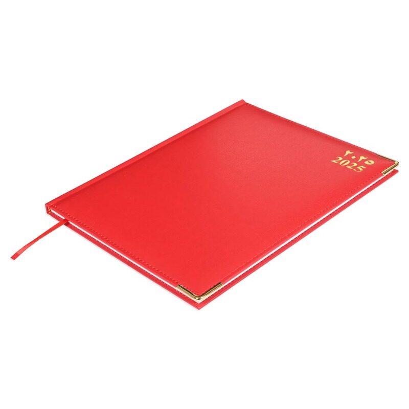 

FIS 2025 Executive Diary, Vinyl Materials, 1 Side Padded and Sewn Cover, Golden Corners, Size 210x260mm, English/French/Arabic, 70gsm White Paper, Red