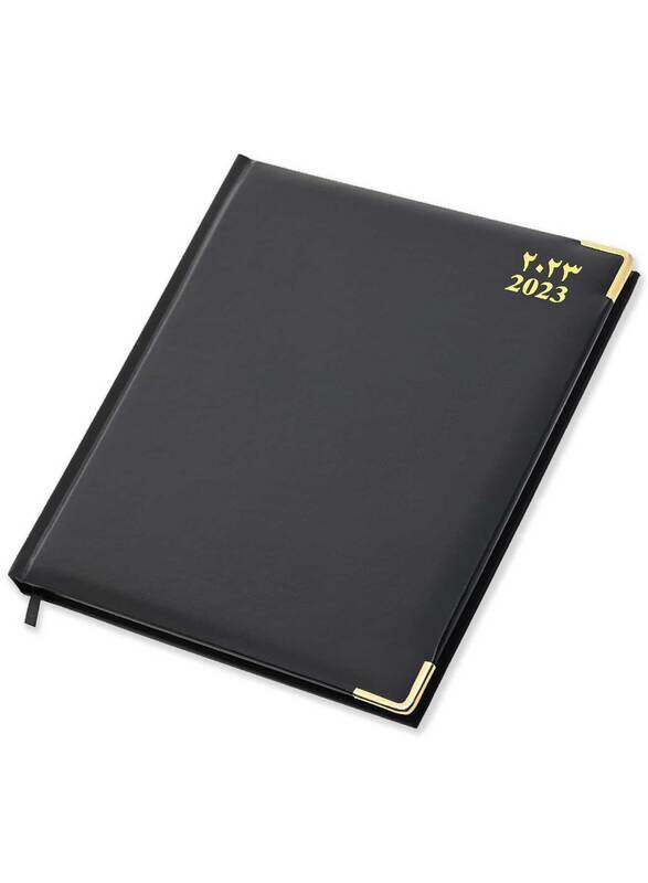 

FIS 2023 Arabic/English/French Executive Diary with Vinyl 1-Side Padded Gold Corner, 128 Sheets, 70 GSM, FSDI89AEFVG23BK, Black